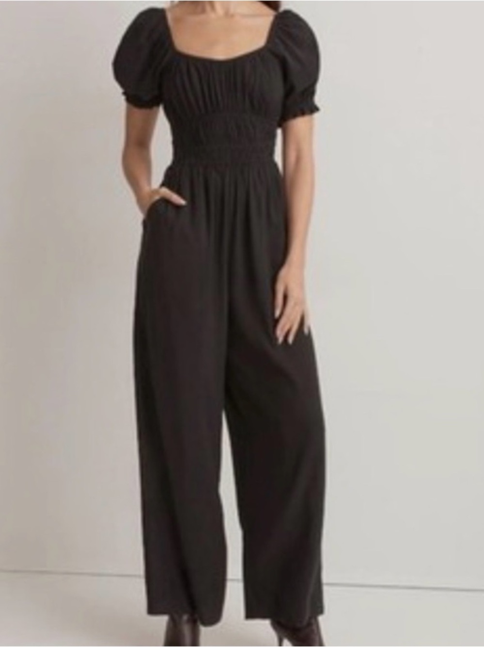 Madewell Black Puff-Sleeve Wide-Leg Jumpsuit